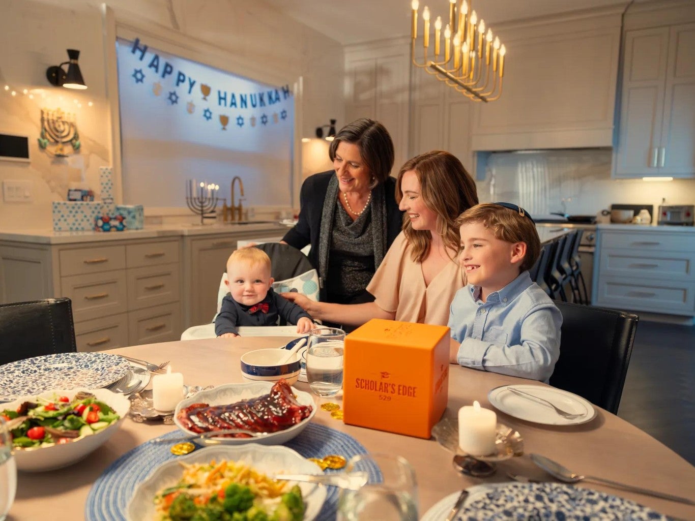 A family sitting around the dinner table celebrating Hanukkah. The Scholar's Edge Cube is on the table in front of them.